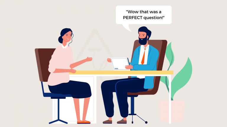 Graphic of two people sitting across each other in business casual clothes. It is a job interview. The interviewer has a speech bubble and it is saying "wow that was a perfect question" with the perfect emphasized